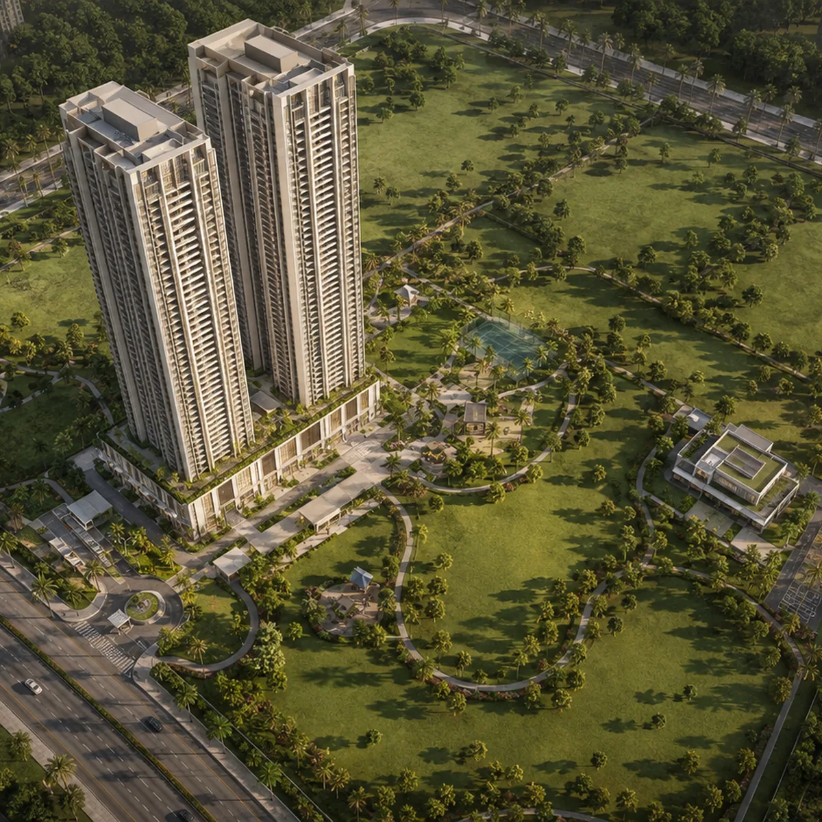 Brigade Banashankari aerial view of the two towers on 9 acres 1 gunta at Uttarahalli, with 63% of the net site under landscape