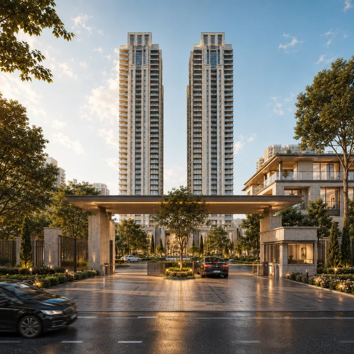 Brigade Banashankari entrance forecourt off Dr Vishnuvardhan Road with the tower pair beyond