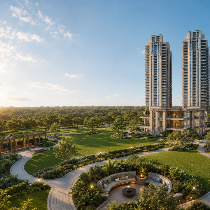 Brigade Banashankari landscaped open ground across the site with the Turahalli tree mass on the horizon